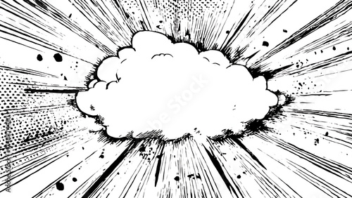 A monochrome graphic of an explosion cloud with radial lines emanating outwards