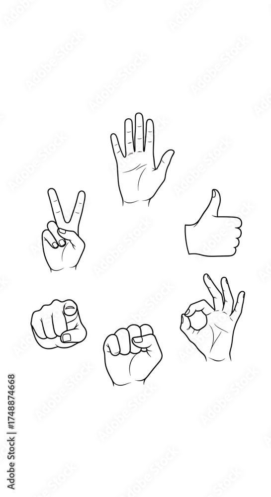 Fototapeta premium Various hand gestures depicted in a creative illustration, showcasing different symbols 