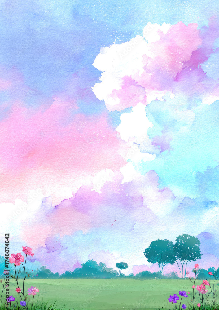 Fototapeta premium Watercolor painting with a pastel pink and blue sky, featuring fluffy clouds, a green grass field, and small trees. 
