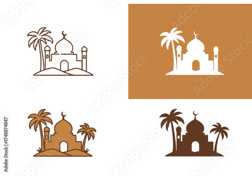 Four illustrative variations of a mosque with palm trees on a sandy landscape, depicting Islamic culture and architecture.