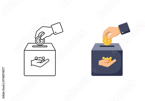 Illustrations depicting a hand dropping a golden coin into a dark donation box and an outline version, symbolizing charity and financial contribution.