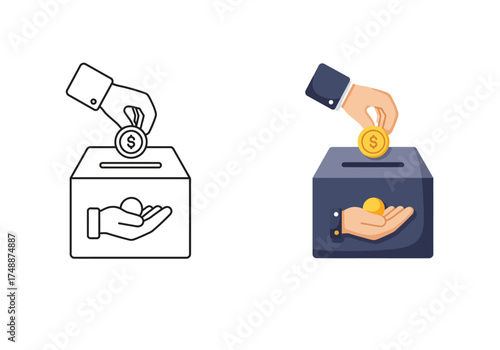 Two illustrations depicting hands dropping coins into a donation box, symbolizing charity and financial support.