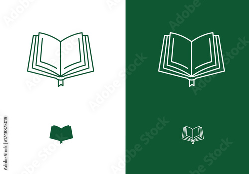Green line art and solid book icons with bookmarks on contrasting white and dark green backgrounds.