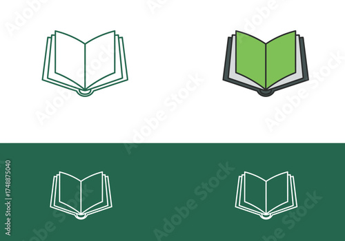 A set of four minimalist open book icons, featuring outline and filled versions with green pages, displayed on both white and dark green backgrounds.