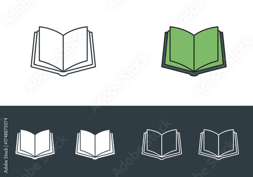 A set of stylized open book icons, some with green pages, symbolizing education and learning.