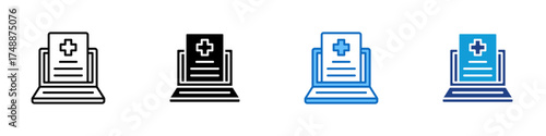 Online Report Multiple Style Icon Design Vector - Laptop displaying a medical report, representing online health record or digital diagnosis