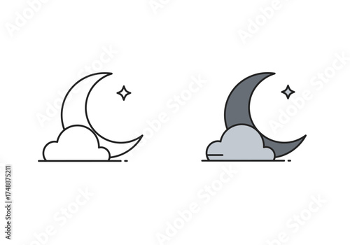 Minimalist night sky icons featuring a crescent moon with a cloud and a star in both line art and colored styles.