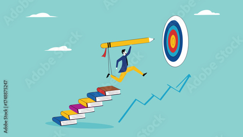 achieving education goals, strategies for achieving success with higher education, courses or skills development, Businesspeople create ladders from books to target educational goals with pencil

