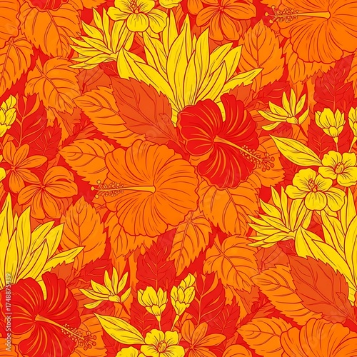Wallpaper Mural Vibrant Floral Pattern in Warm Autumnal Hues - A Seamless Botanical Design. Torontodigital.ca