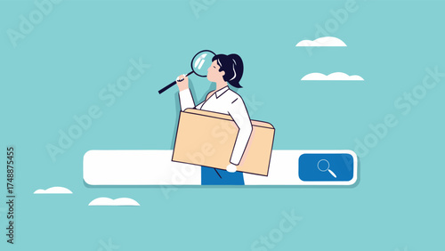 find new job or explore website concept, looking for job vacancies, browse the internet to get information, search concept, woman looking for job information in the search box using magnifying glass

