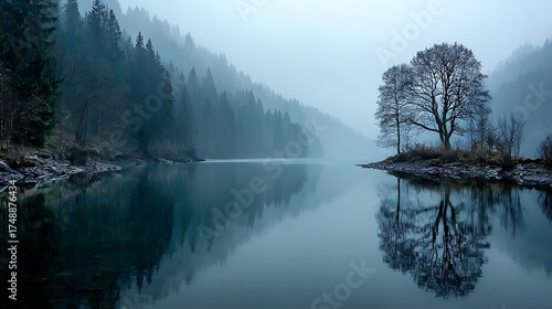 Tranquil forest lake shrouded in soft morning mist with faint tree reflections on still water, minimal light and empty space symbolizing calm, balance and mindfulness in nature