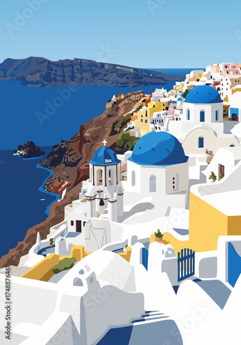 Vector illustration of a coastal village featuring white buildings and blue domed churches perched on a rocky cliff overlooking the sea under a clear sky with distant mountains
