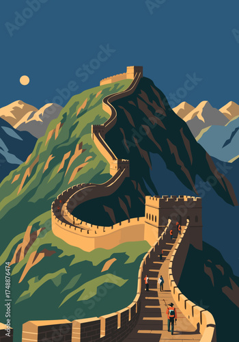 Pixel art landscape featuring the Great Wall of China winding through mountains under a blue sky. Highlights the ancient landmark, green hillside, and visitors exploring the structure
