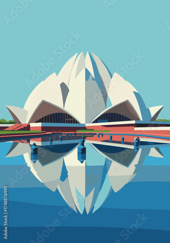 Vector illustration of the Lotus Temple with a symmetric reflection in Delhi, India. The architecture with white petals and geometric facades are reflected on the tranquil water under a serene sky