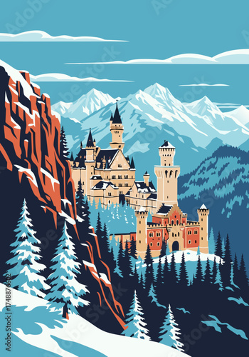 A pixelated depiction of Castle nestled in a winter landscape with snowy peaks, geometric trees, and rocky cliffs under a bright blue sky. The scene evokes a retro, vintage feel