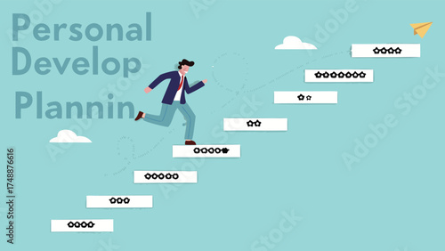 small step lead to success, the way to achieve big goal, step by step journey to reach success with small step, successful businessman climbs the ladder with a series of stages towards success

