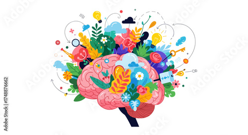 Exploring the vibrant colorful world of thoughts and ideas blooming from the human brain.