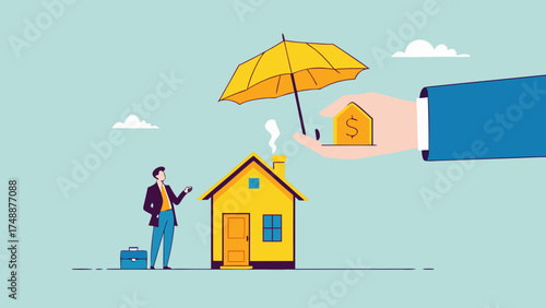 home insurance or homeowners protection, security shield concept, guarantee to protect the house from damage or loss of contents and structure, big businessman hand covers the house and its owner

