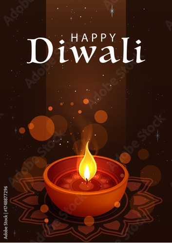 Happy Diwali Poster with Diya Lamp Vector Illustration. Indian festival of lights Design. Suitable for Greeting Card, Banner, Flyer, Template.