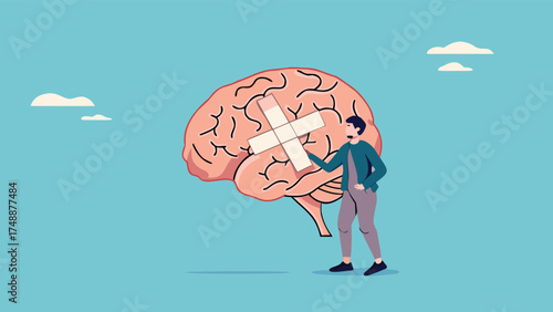 businessman treats Human Brain With Adhesive Plaster, businessman placing bandage on injury, healing or relaxation of the mind

