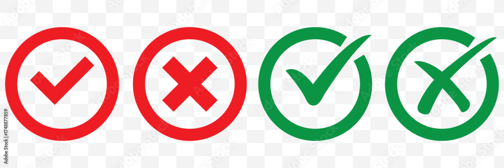 Obraz premium Check mark icon button set. Check box icon with right and wrong buttons and yes or no checkmark icons in green tick box and red cross. Isolated checkmark symbol, right and wrong sign concept. Icon.