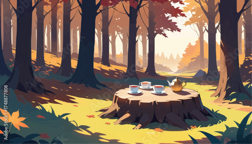 Serene Autumn Forest Scene with Tea Set on Tree Stump in Warm Light