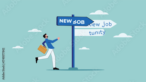 new job illustration with the concept of a businessman who is very happy towards his new job, change to new job, recruitment concept, career or opportunity, new challenge to success concept design

