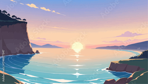 Sunset Over Calm Ocean with Cliff and Mountain Silhouettes in Soft Pastel Colors