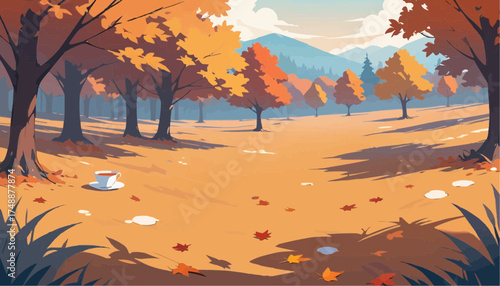 Autumn Forest Scene with Colorful Trees and Falling Leaves Illustration