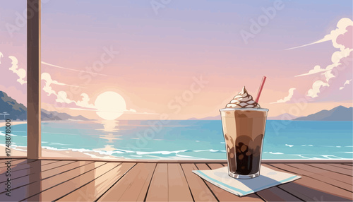 Sweet Ice Cream Drink on Wooden Deck Overlooking Sunset Ocean Scene