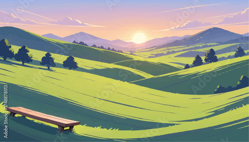 Scenic Sunlit Green Hills Landscape with Bench and Mountain Views