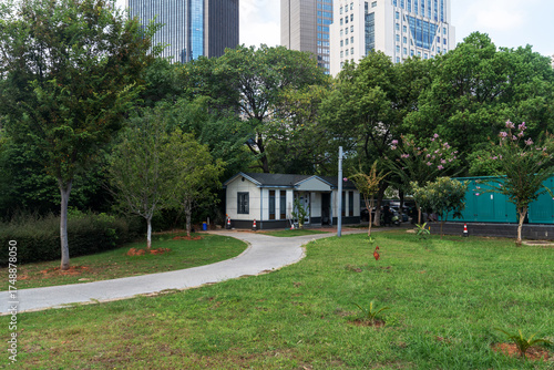 Photography city park with modern building background in shanghai