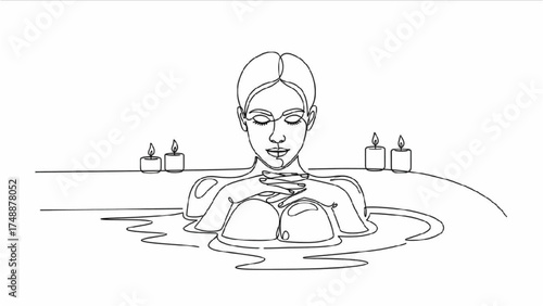 Continuous Line Art of Person Relaxing in Bath with Candles and Meditation, Minimalist Black and White Self-Care and Wellness Illustration
