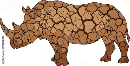 Majestic Rhino on Dry Cracked Earth in African Savanna Vector

