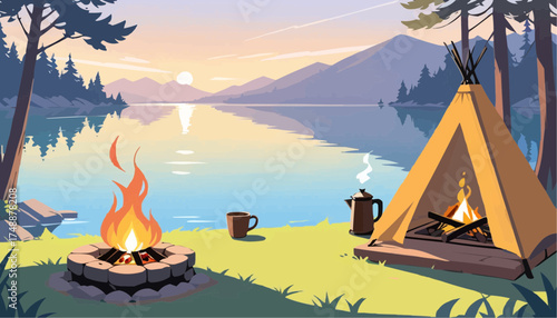Scenic Lakeside Camping Scene with Tent and Campfire at Sunset