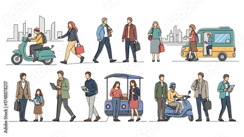 Colorful Minimal Line Art City Commute Illustration – Vector People with Briefcase, Bicycle, and Bus Stop Scene, Modern Urban Lifestyle Icons