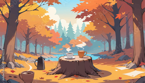 Autumn Forest Scene with Coffee and Tea on Tree Stump during Day