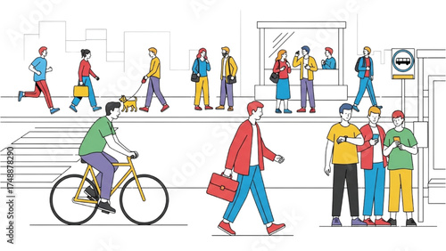 High Quality Colorful Commuter Vector Icons – Minimalist Line Art People Walking, Cycling, and Waiting for Bus in City Life Illustration