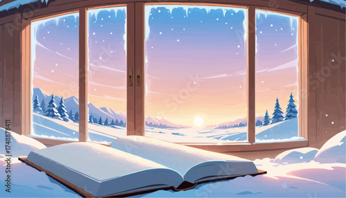 Open Book on Snowy Windowsill with Scenic Winter Sunset View
