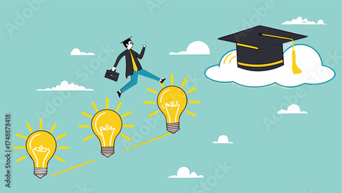 success step to achieve high education with knowledge, way to achieve higher education, journey to graduation, man jump through the light bulb idea towards graduation cap concept vector illustration

