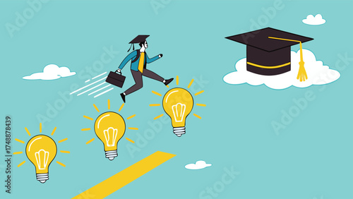 success step to achieve high education with knowledge, way to achieve higher education, journey to graduation, man jump through the light bulb idea towards graduation cap concept vector illustration

