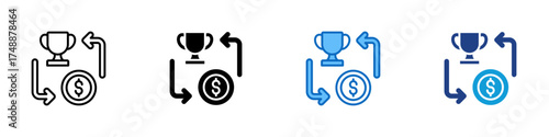 Trophy Reward Multiple Style Icon Design Vector - Trophy and coin connected by arrows, representing reward exchange or cashback system