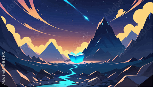 Fantasy Mountain Landscape with Glowing Crystal in Night Scene