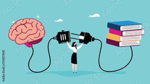 read books to learn new lessons, literature or intelligence information, improve literacy and numeracy skills, woman connect plug with stack of book with human brain concept vector illustration

