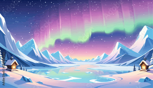 Beautiful Arctic Landscape with Northern Lights Over Snowy Mountains and Frozen Lake