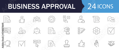 Approval Line Editable Icons Set. Featuring agreement, checkmark, OK sign, consent, and acceptance symbols. Perfect for business, validation, and certified approval themes. Vector illustrations.