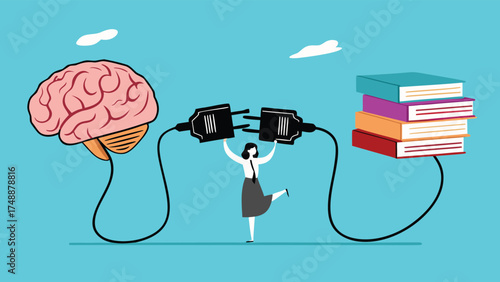 read books to learn new lessons, literature or intelligence information, improve literacy and numeracy skills, woman connect plug with stack of book with human brain concept vector illustration


