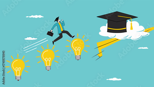 success step to achieve high education with knowledge, way to achieve higher education, journey to graduation, man jump through the light bulb idea towards graduation cap concept vector illustration

