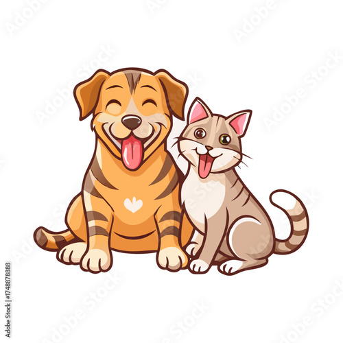 A cute and playful mixed breed terrier dog and a tabby cat laying together with happy expressions. Extracted on transparent background.