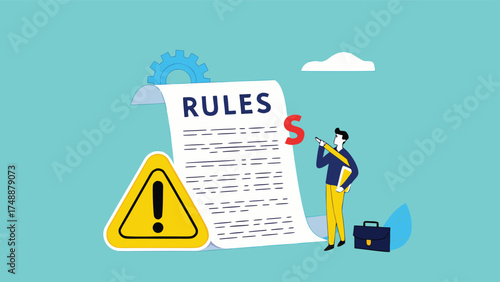 work rules and regulation, company standard operating procedures, Company policies for employee guidelines, smart businessman finishes writing work rules and regulations document concept illustration
